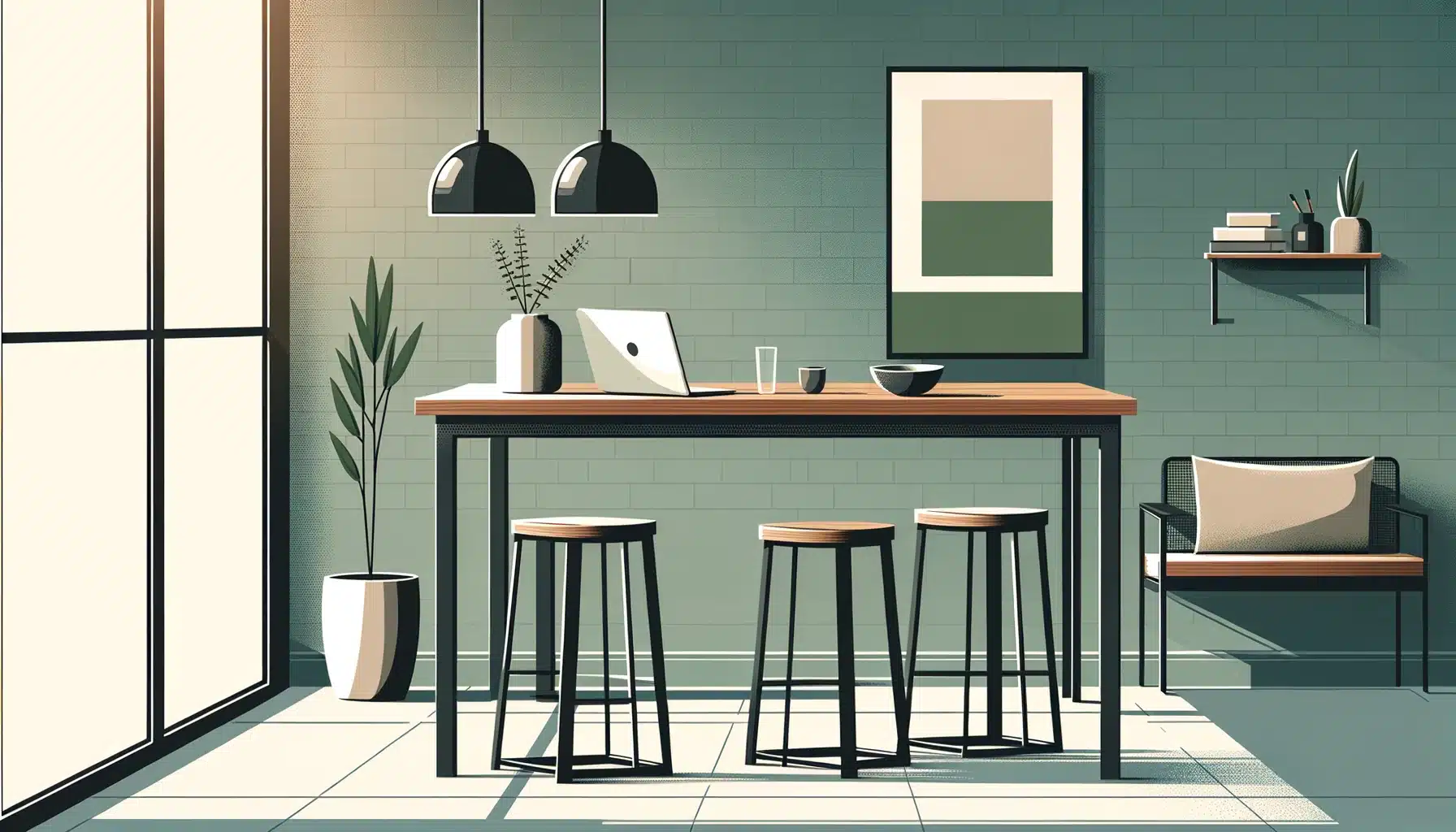 Sleek flat design illustration of counter height table with stools and minimalist decor in green and brown tones.