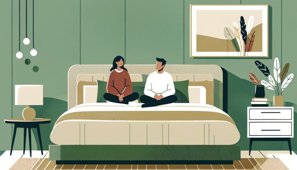 Stylized illustration of a couple on an oversized bed in a cozy, minimalist bedroom.

