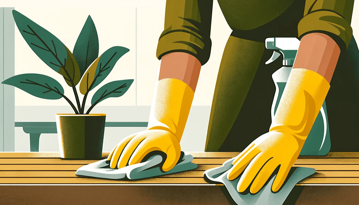 person cleaning a wooden table with yellow gloves and a grey cloth