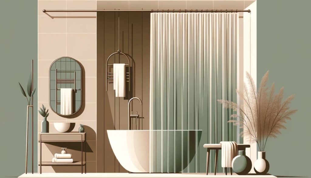  Modern bathroom with foreground curtain, freestanding tub, and earth-toned decor.