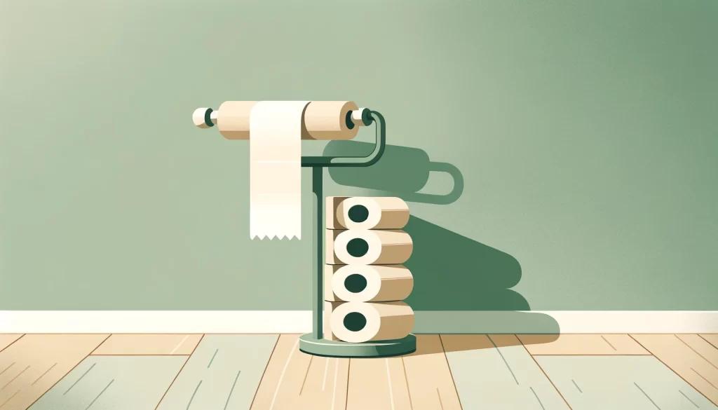 Minimalist freestanding toilet paper holder with stacked rolls on a beige wood floor against a light green wall.