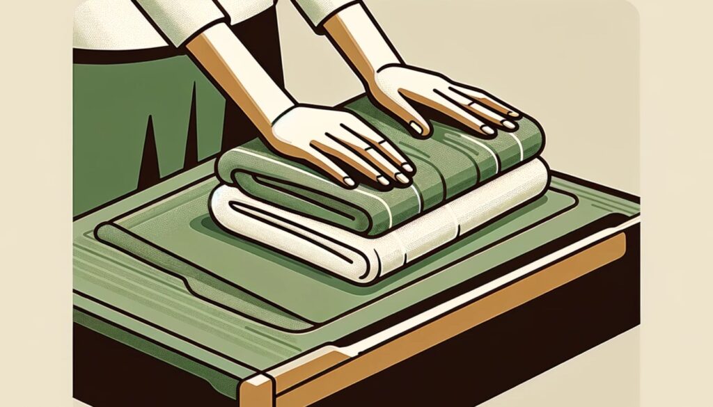 Minimalist depiction of hands folding green and brown towels on a flat surface.