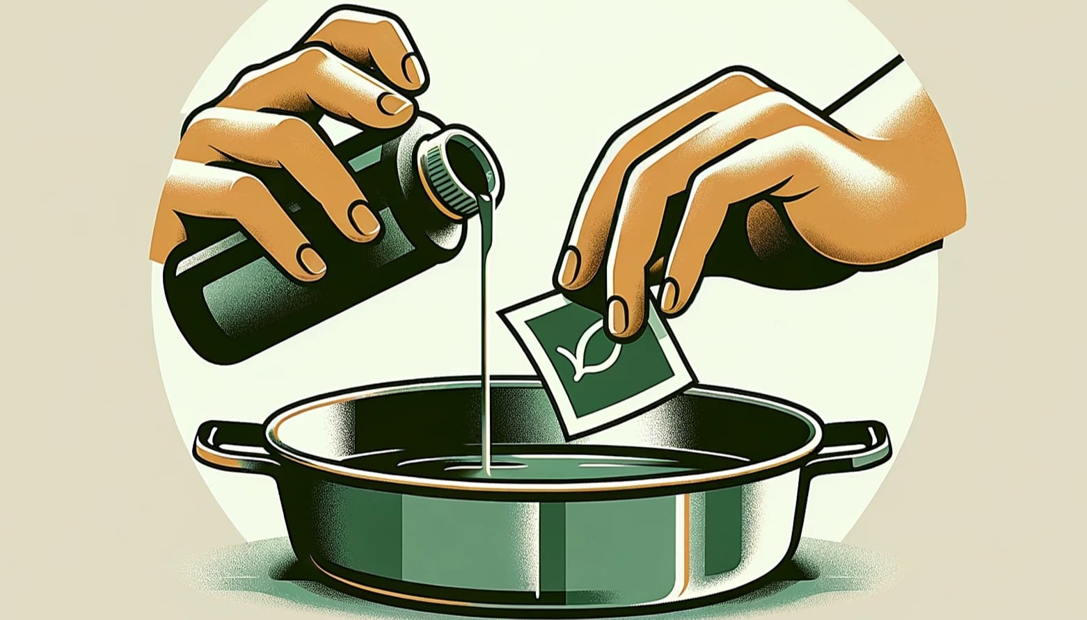 Hands applying liquid to remove a sticker from a pan, in a minimalist green and brown design.