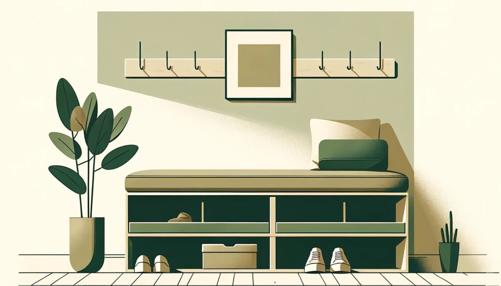  Modern flat design storage bench with green and brown tones, wall hooks above, and a plant beside, conveying a cozy, homely vibe.