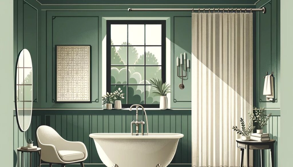 Stylish bathroom with shower curtain in front of claw-foot tub, serene green hues.