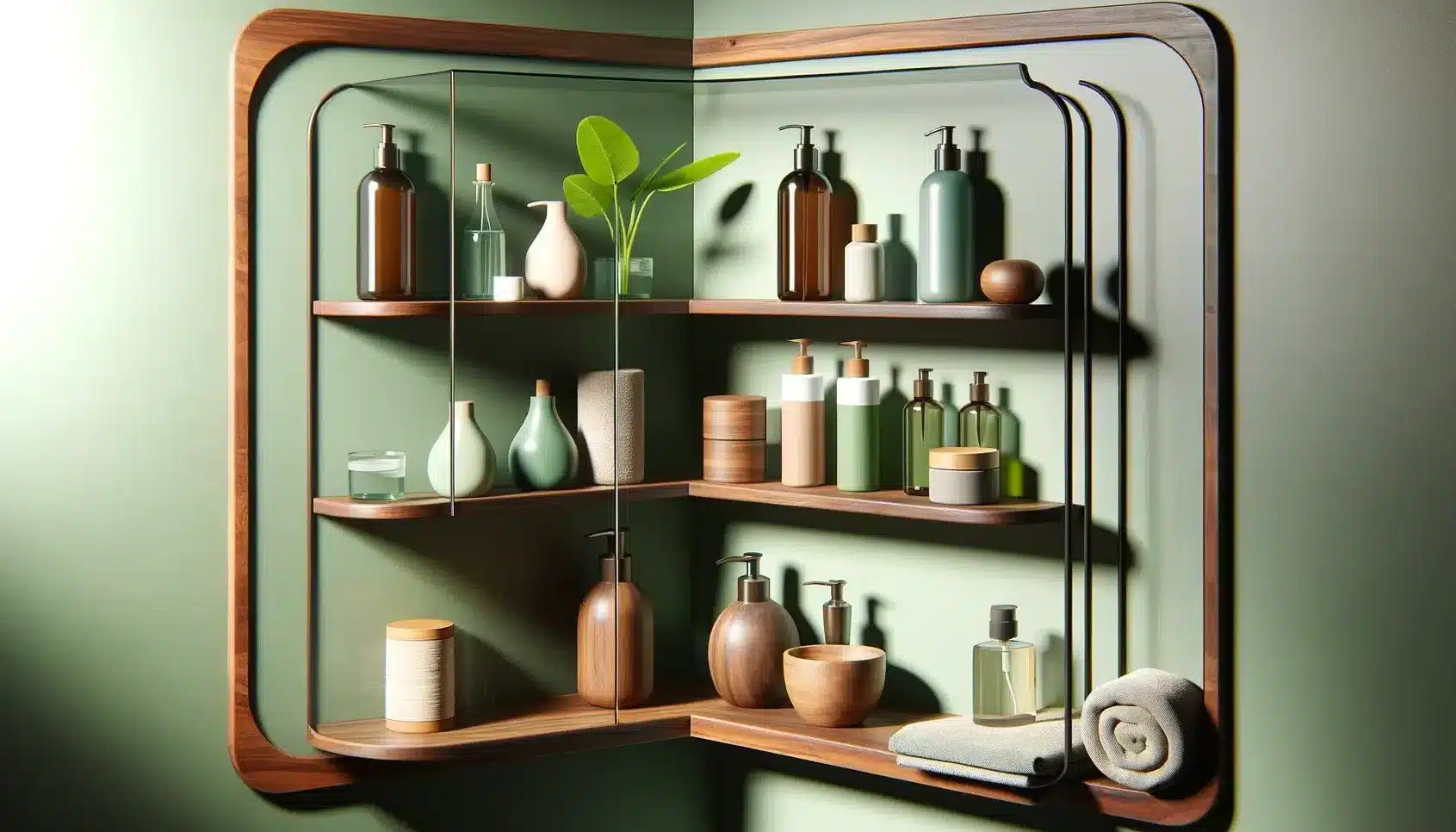  stylized corner shelf with bathroom products, adopting a minimalistic and modern approach with a color palette of green and brown.