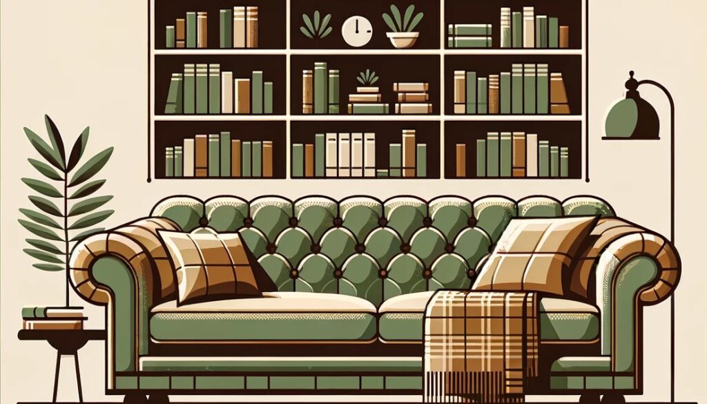 Minimalist illustration of a tufted vintage couch with plaid blanket, in a library setting.




