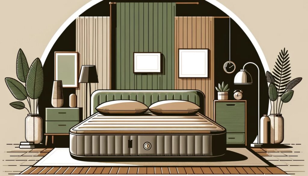 Illustration of a twin air mattress in a modern, minimalist bedroom with green and brown hues.


