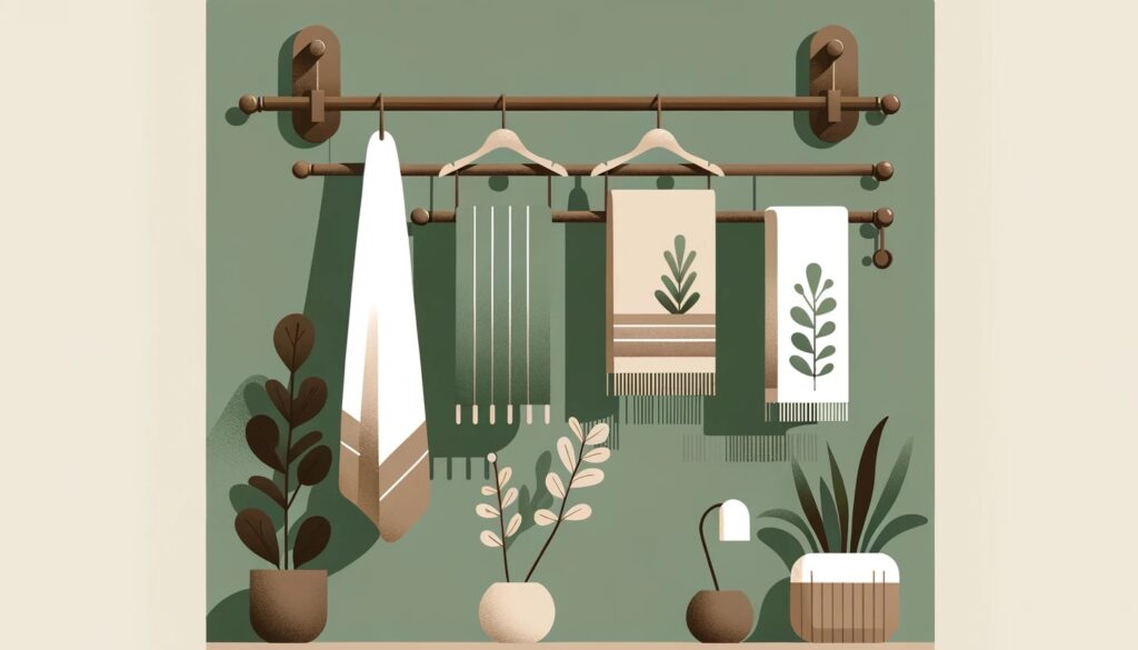 Simplistic wall-mounted towel rack with green and brown towels and plants in flat design.